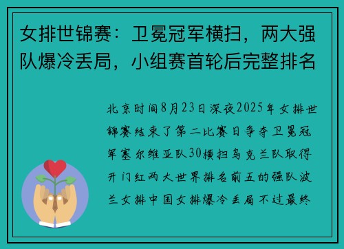 女排世锦赛：卫冕冠军横扫，两大强队爆冷丢局，小组赛首轮后完整排名出炉